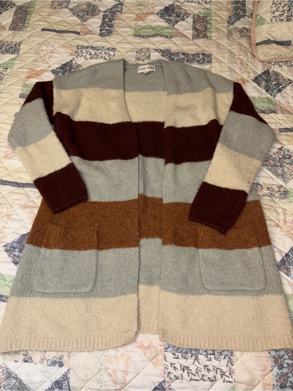 Knox Rose Striped Open Cardigan in Cream, Light Blue, Brown & Burgundy